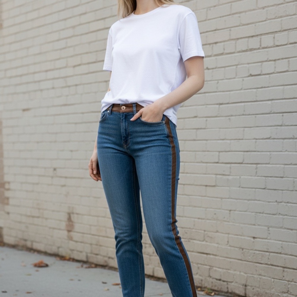 ecru Blue Skinny Jeans with Brown Side Stripe